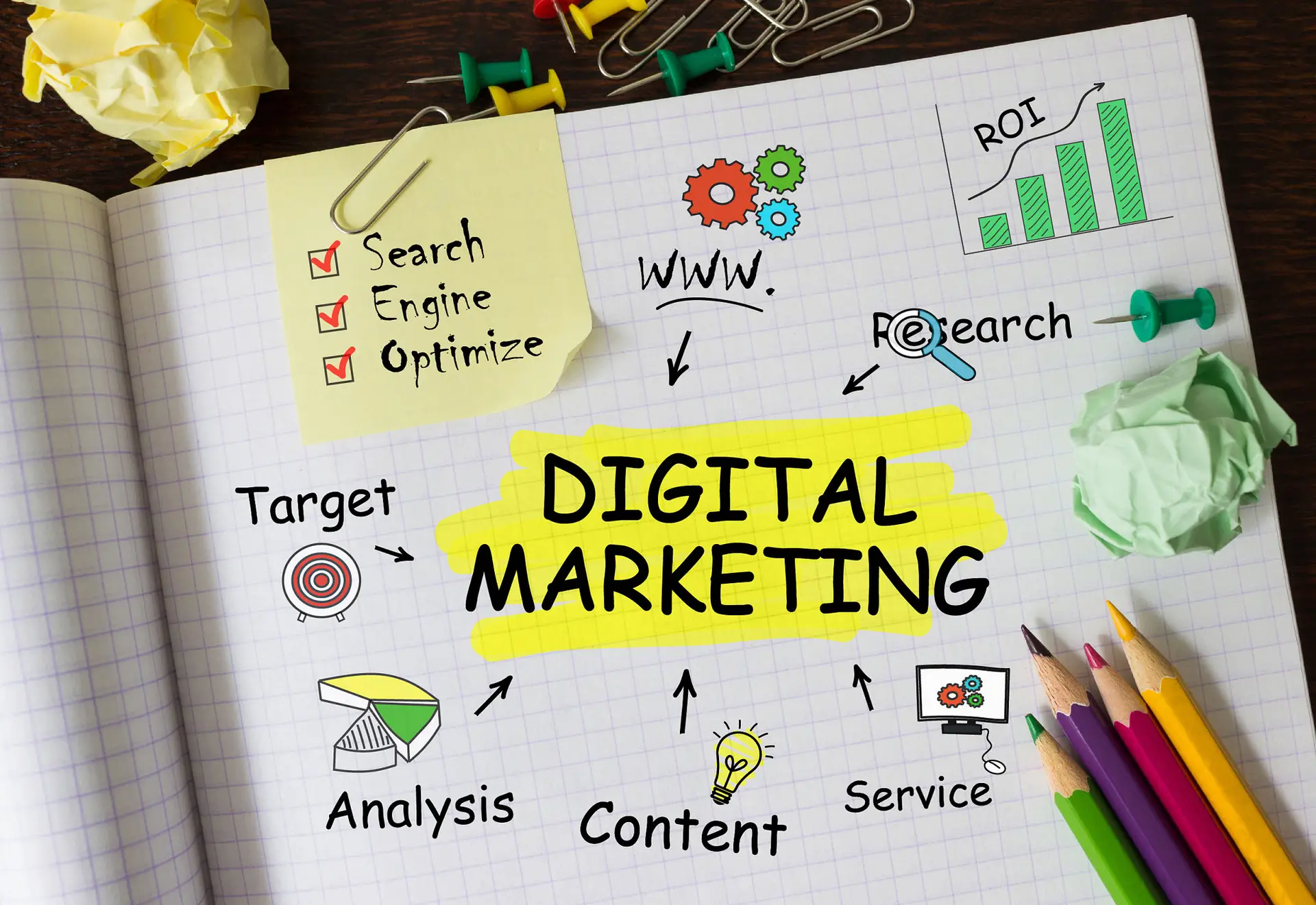 Notebook with Tools and Notes about Digital Marketing,concept