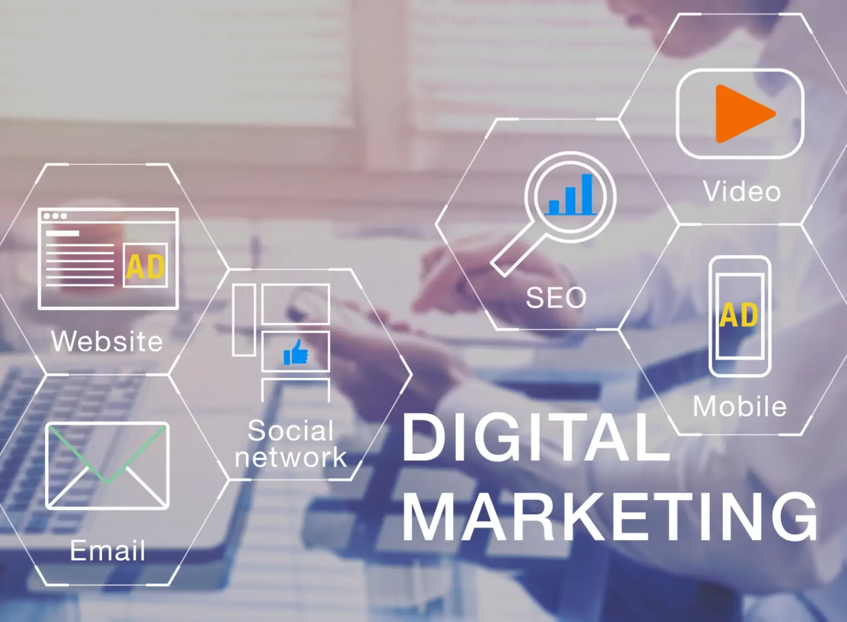 Digital Marketing manager working on social media network, internet website, mobile and email advertisement communication campaign with SEO and pay per click return on investment strategy